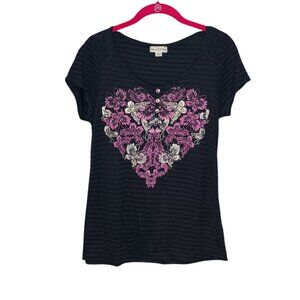 Vintage 00s Y2K Live And Let Live Medium Black Pink Butterfly Heart Henley Top